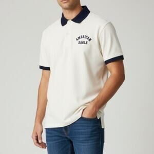 American Eagle White Navy Trim Super Soft Short Sleeve Polo Shirt Men's Size L